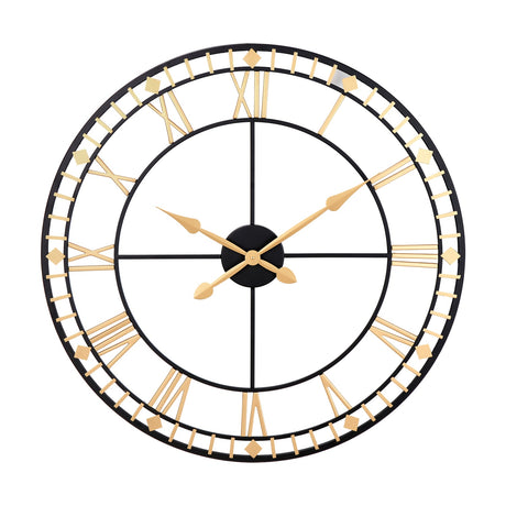 Round 80cm wall clock in antique bronze and gold, with an open skeleton dial, gold Roman numerals, diamond markers, and gold hands on a plain white background.