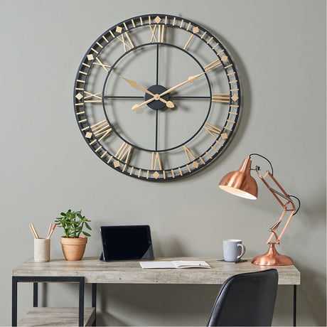 Antique Bronze & Gold Round Large Wall Clock, 80cm, with skeleton face and Roman numerals, mounted above a desk with a copper lamp and tablet.