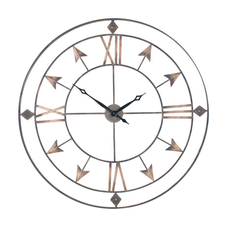 Graphite & Gold Iron Round Large Wall Clock, 120cm, with open skeleton frame, gold arrow markers and Roman numerals, black hands, shown on a plain white background.