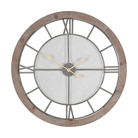 Round 80cm wall clock with natural wood outer frame, black metal Roman numeral markers, mesh centre dial, and gold hands, shown on a plain white background.