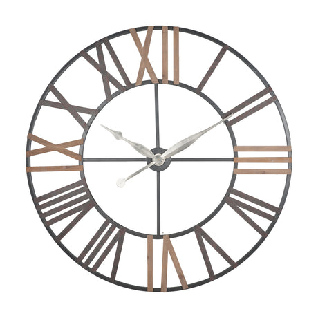 Antique Grey Iron Round Large Wall Clock, 120cm, with cut-out Roman numerals in natural wood tone and silver hands, shown on a plain white background.