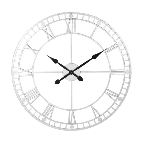 Antique Silver Iron Round Large Wall Clock, 80cm, with open-cut Roman numeral ring, black hands, and diamond markers, shown on a plain white background.