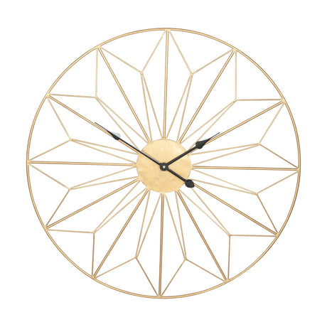 Gold Iron Geo Design round wall clock, 77cm, with radiating geometric spokes, gold-toned centre, black hands, and open metal frame on a plain white background.