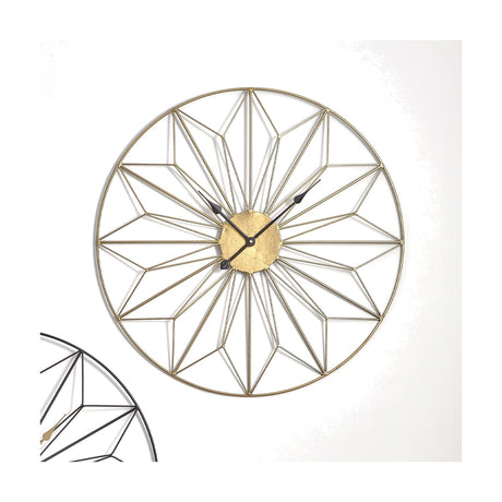 Gold Iron Geo Design Round Wall Clock, 77cm, with an open geometric spoke pattern, gold-tone metal frame, black hands and gold centre disc, shown against a plain white background.