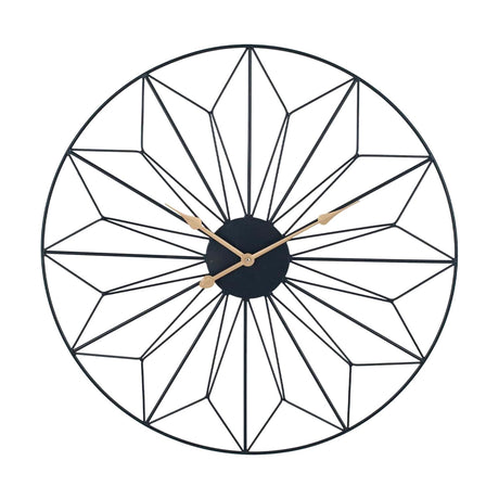 Black Iron Geo Design round wall clock, 77cm, with a starburst geometric spoke pattern, black centre hub, and gold hour and minute hands, on a plain white background.
