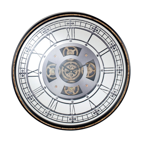 Round mirrored wall clock, 60cm, with antique gold trim, Roman numerals, and an exposed gold cog mechanism at the centre, shown on a white background.