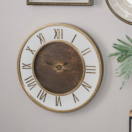 Round wall clock, 80cm, with antique gold frame, white face, oversized Roman numerals, and a mirrored geometric-print dial, shown mounted on a grey wall.