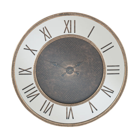Round mirrored wall clock in distressed antique gold, 80cm, with bold Roman numerals and a geometric spiral-print centre dial, shown on a plain white background.