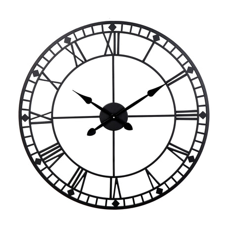 Black Iron Round Large Wall Clock, 80cm, skeleton frame with Roman numerals and diamond markers, black metal finish, shown against a plain white background.