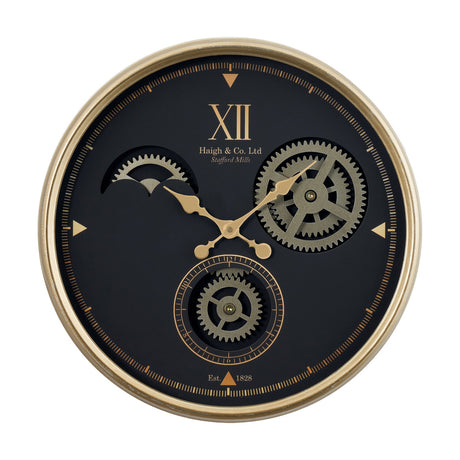 Black and champagne iron wall clock, 50cm, with exposed cog details, Roman numeral XII, moon phase dial and sub-dial on a black face, set on a plain white background.