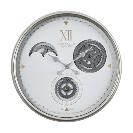 White & Silver Iron Working Cog Wall Clock, 50cm, with exposed gear mechanisms, Roman numeral XII, silver hands, and a metal frame on a plain white background.