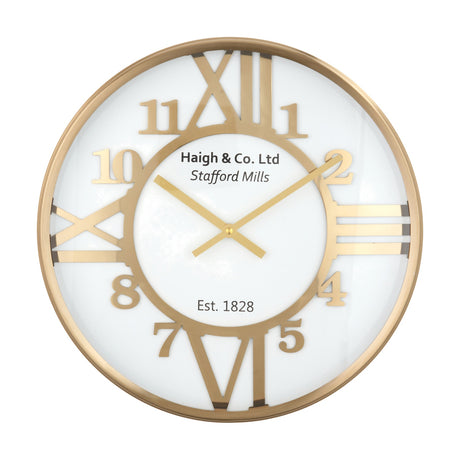 Gold Iron & White Face Round Wall Clock, 40cm, with gold Roman and Arabic numerals, gold hands, glass cover, and "Haigh & Co. Ltd" text, on a plain white background.