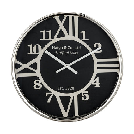Round wall clock, 40cm, with silver metal frame and black face featuring silver Roman and Arabic numerals, "Haigh & Co. Ltd" text, on a plain white background.