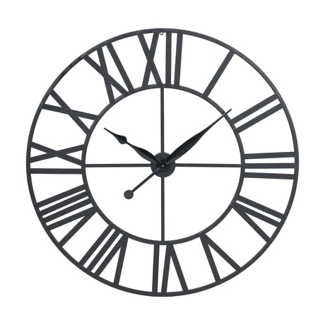 Black Iron Large Round Wall Clock, 120cm, with open skeleton frame, Roman numerals, and black metal hands, shown on a plain white background.