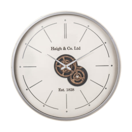 Ivory & Silver Working Cog Wall Clock, 60cm, round ivory face with silver rim, exposed cog mechanism at centre, "Haigh & Co. Ltd Est. 1828" text, on a plain white background.