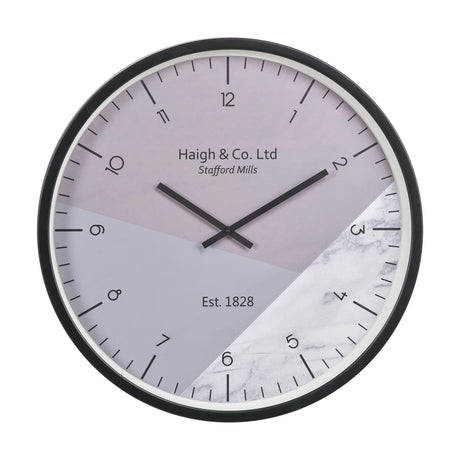 Black Metal Printed Face Wall Clock, 60cm, with black frame, black hands, printed numerals, and a two-tone lavender-grey and marble-effect dial, shown on a plain white background.
