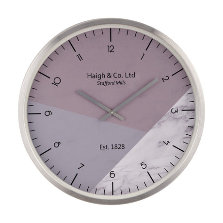Silver aluminium 60cm wall clock with a mauve, grey, and marble-effect printed face, "Haigh & Co. Ltd" text, and silver hands, shown on a plain white background.