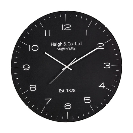 Black & Silver Dome Glass Wall Clock, 50cm, with a black dial, white numerals, silver hands, "Haigh & Co. Ltd Stafford Mills" text, on a plain white background.