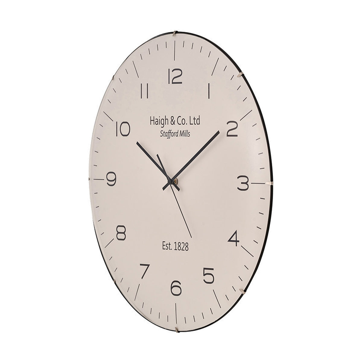 Beige & Black Dome Glass Wall Clock, 50cm, with a domed glass face, black Arabic numerals, "Haigh & Co. Ltd" text, shown at an angle on a plain white background.