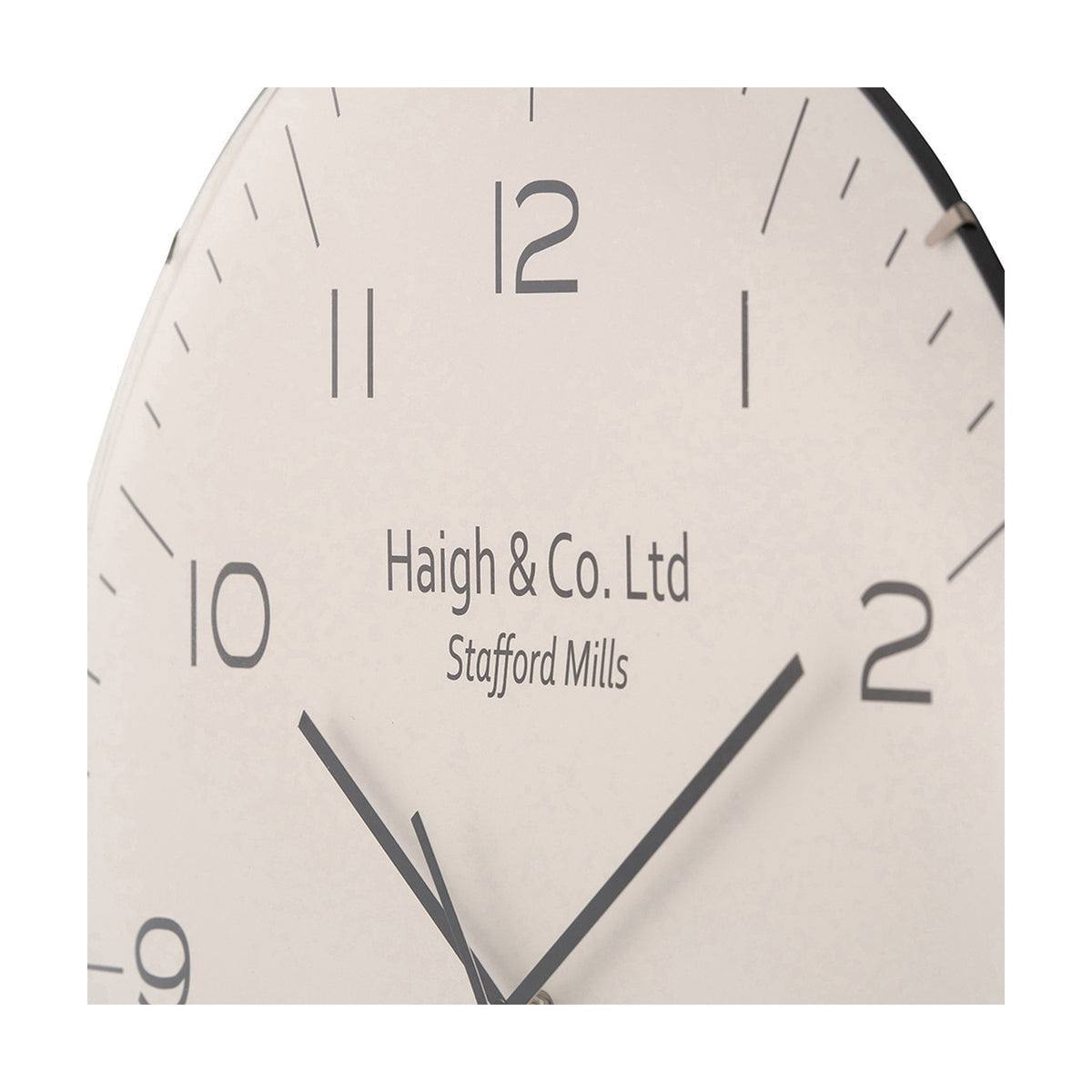 Close-up of the Beige & Black Dome Glass Wall Clock, 50cm, showing cream face with black numerals, hands, and "Haigh & Co. Ltd Stafford Mills" text under domed glass.