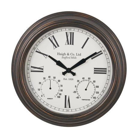Antique bronze effect indoor/outdoor wall clock, 42cm, round frame with white dial, Roman numerals, humidity and temperature gauges, shown on a plain white background.