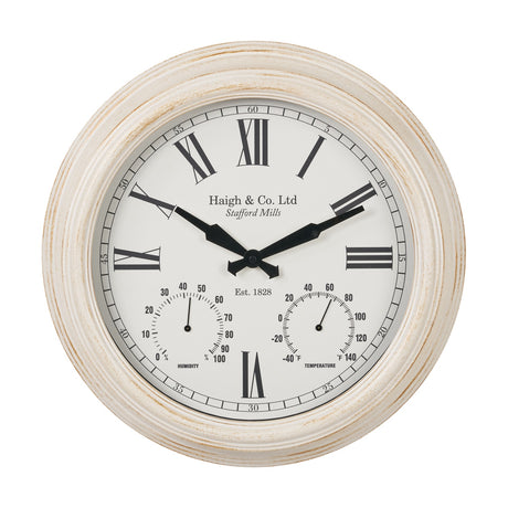 Antique effect gold brushed cream wall clock, 42cm, with Roman numerals, black hands, humidity and temperature dials, shown on a plain white background.