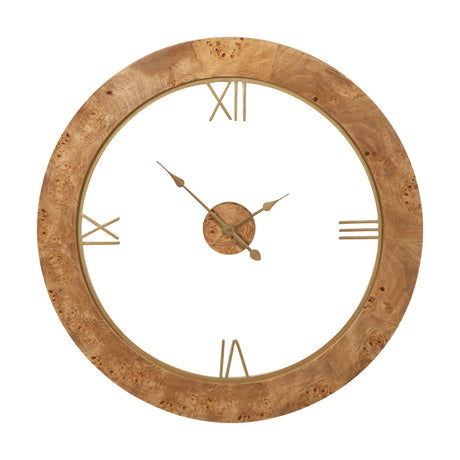 Newborough Burr Wood Effect Round Wall Clock, 80cm, with open centre design, gold Roman numerals, hands and rim, on a plain white background.