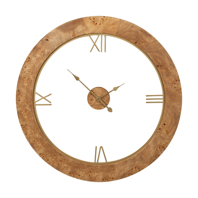 Newborough Burr Wood Effect Round Wall Clock, 80cm, with open centre design, gold Roman numerals, hands and rim, on a plain white background.