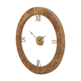 Newborough Burr Wood Effect Round Wall Clock, 80cm, with an open centre, brass-tone Roman numerals, and slender hands, shown on a plain white background.