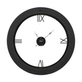 Newborough 80cm round wall clock with dark wood-effect open frame, cut-out Roman numerals, and silver hands over exposed black clock mechanism, on a white background.