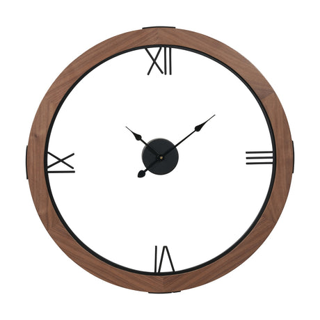 Vermont round wall clock, 80cm, with light walnut wood veneer frame, white face, black Roman numerals and black hands, shown on a plain white background.
