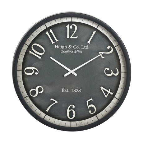 Round wall clock, 61cm, with black wood-effect frame, grey dial, large white numerals, "Haigh & Co. Ltd" text, and white hands, on a plain background.