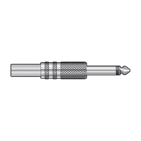 QTX 6.3mm mono jack plug by AVSL with chromed metal barrel, knurled grip, and spring cable protector, shown side-on against a plain white background.