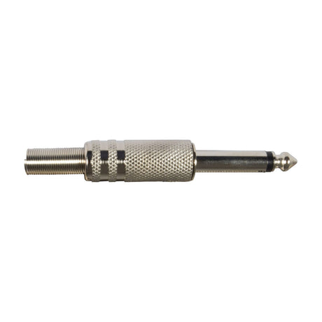 QTX 6.3mm mono jack plug by AVSL with chromed metal knurled barrel, solder terminals and spring cable protector, shown side-on against a white background.