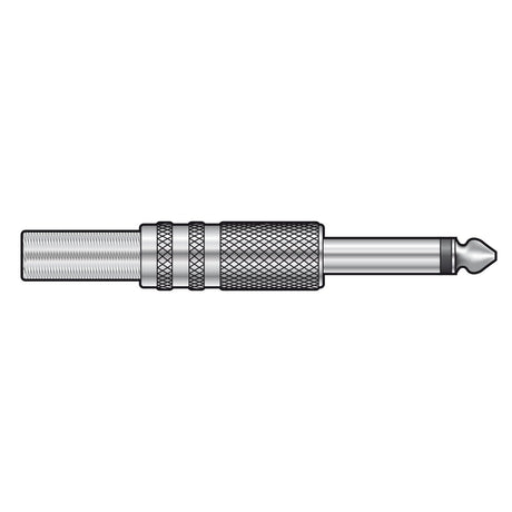 A depiction of the QTX 6.3mm Mono Plug, Metal, featuring a cylindrical chromed metal body with a textured grip. The plug's tip has a single ring connector, typically used in audio equipment jacks, set against a plain white background.