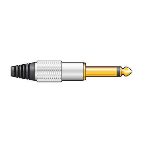 QTX gold plated 6.3mm mono jack plug by AVSL with knurled aluminium cover and black strain-relief boot, shown on a plain white background.