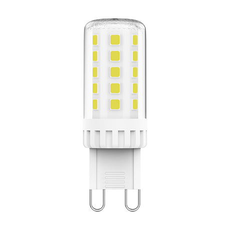 Pixy G9 4W dimmable LED capsule bulb with clear casing showing visible yellow LED elements, white ceramic base and two pins, on a plain white background.