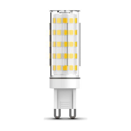 G9 capsule LED bulb, 7W dimmable, clear cylindrical casing with visible LED chips and white ceramic base with two pins, shown on a plain white background.