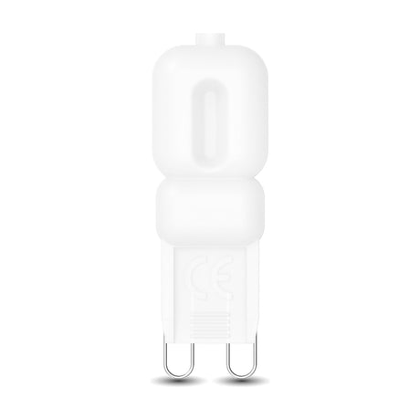 CapsuLED G9 capsule light bulb with frosted white polycarbonate finish and twin-pin metal connector, shown upright on a plain white background.