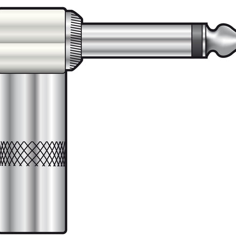 QTX heavy duty 6.3mm right-angle mono jack connector with all-metal chrome body and knurled barrel for cable strain relief, on a plain background.