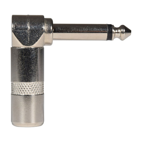 QTX heavy duty 6.3mm right-angle mono jack connector by AVSL with all-metal body and knurled barrel for strain relief, shown on a white background.