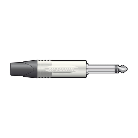 Neutrik NP2X 6.3mm mono jack plug with metal barrel body, black plastic chuck and nickel-plated tip, shown on a plain white background.