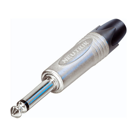 Neutrik NP2X 6.3mm mono jack plug with metal barrel body, black plastic chuck, and nickel-plated tip-sleeve contact, shown on a white background.