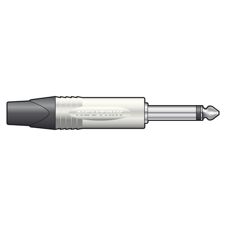 Depiction of a Neutrik NEUTRIK NP2X, 6.3mm mono plug with a metal tip and black and white plastic housing. The design features ridged details for grip, set against a plain white background to emphasize the sleek functionality of this essential audio component.