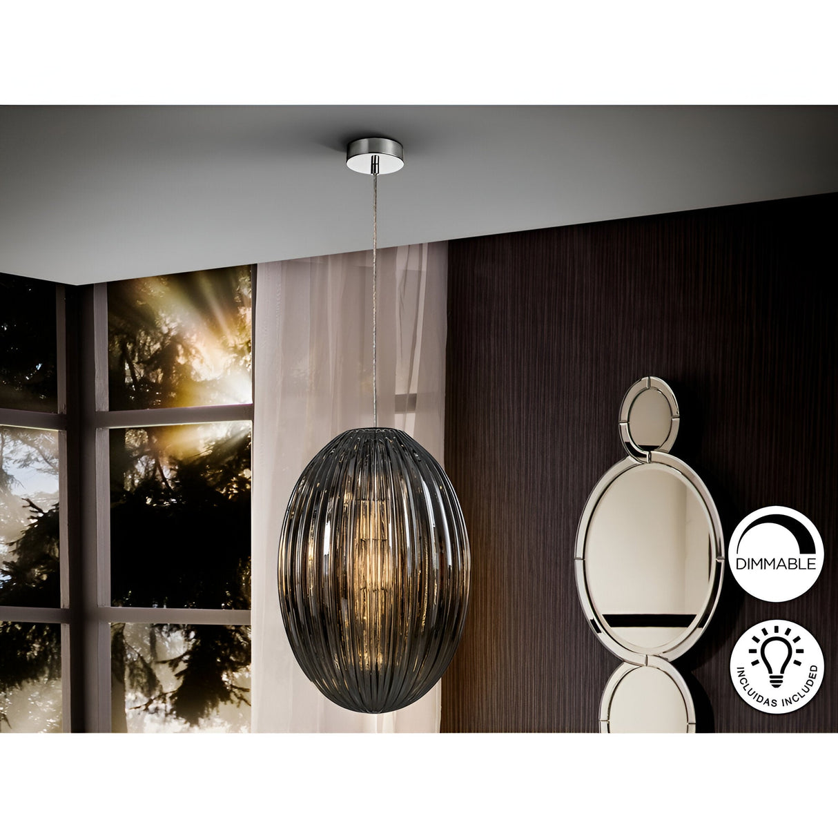 Ovila Large 1 Light Glass Pendant - Smoked Black