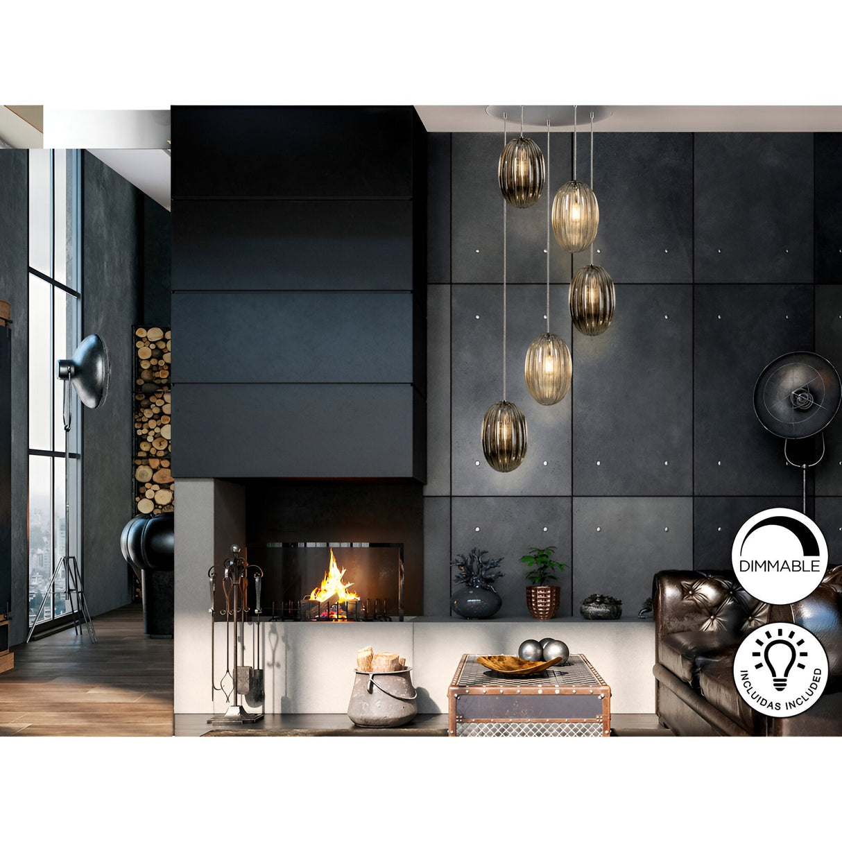 Ovila 5 Light Glass Cluster Pendant - Smoked Black/Brandy