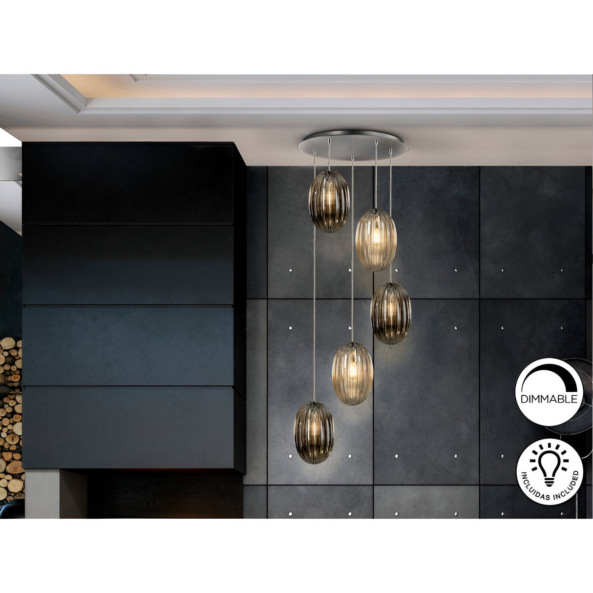 Ovila 5 Light Glass Cluster Pendant - Smoked Black/Brandy