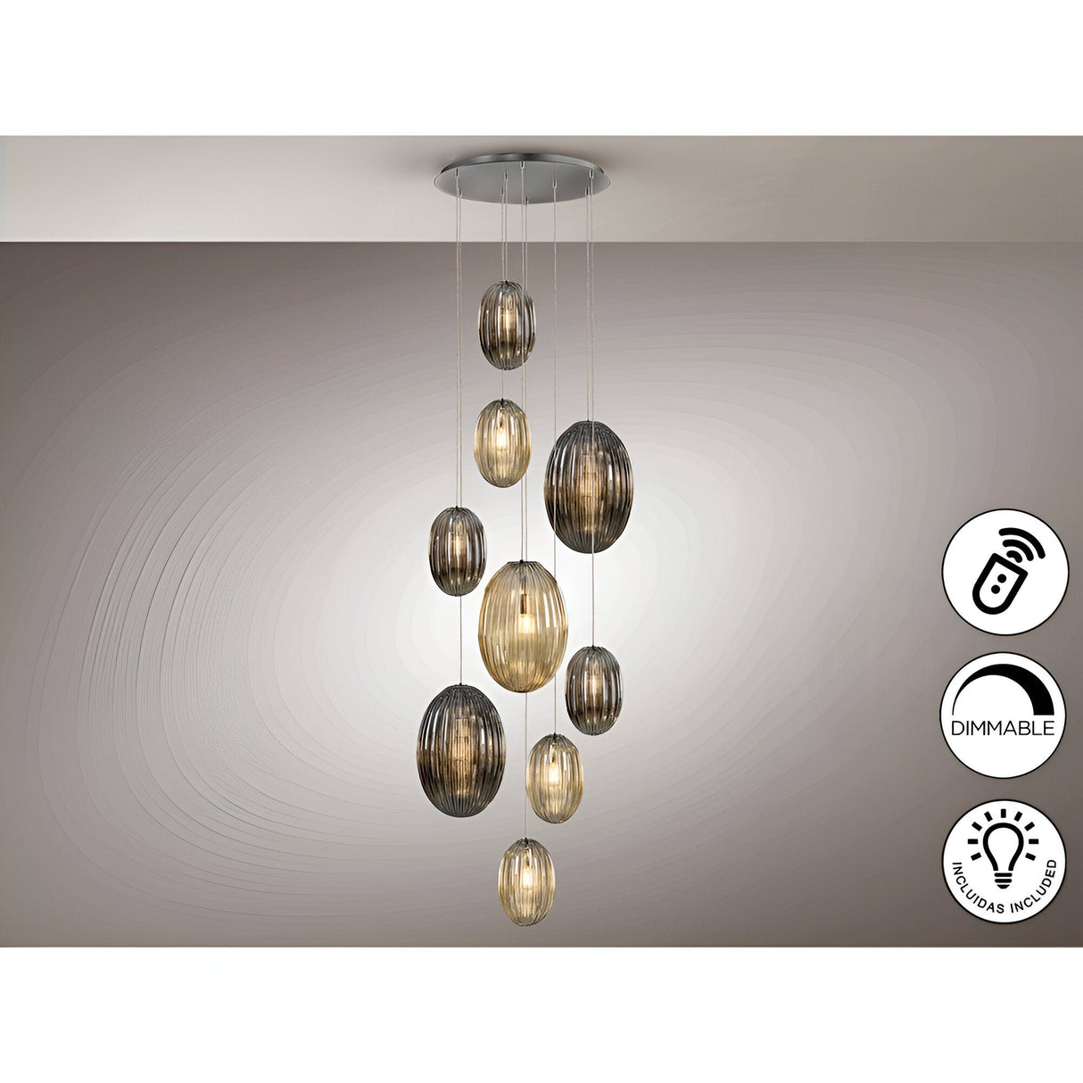 Ovila 9 Light Glass Cluster Pendant - Smoked Black/Brandy (With Remote Control)