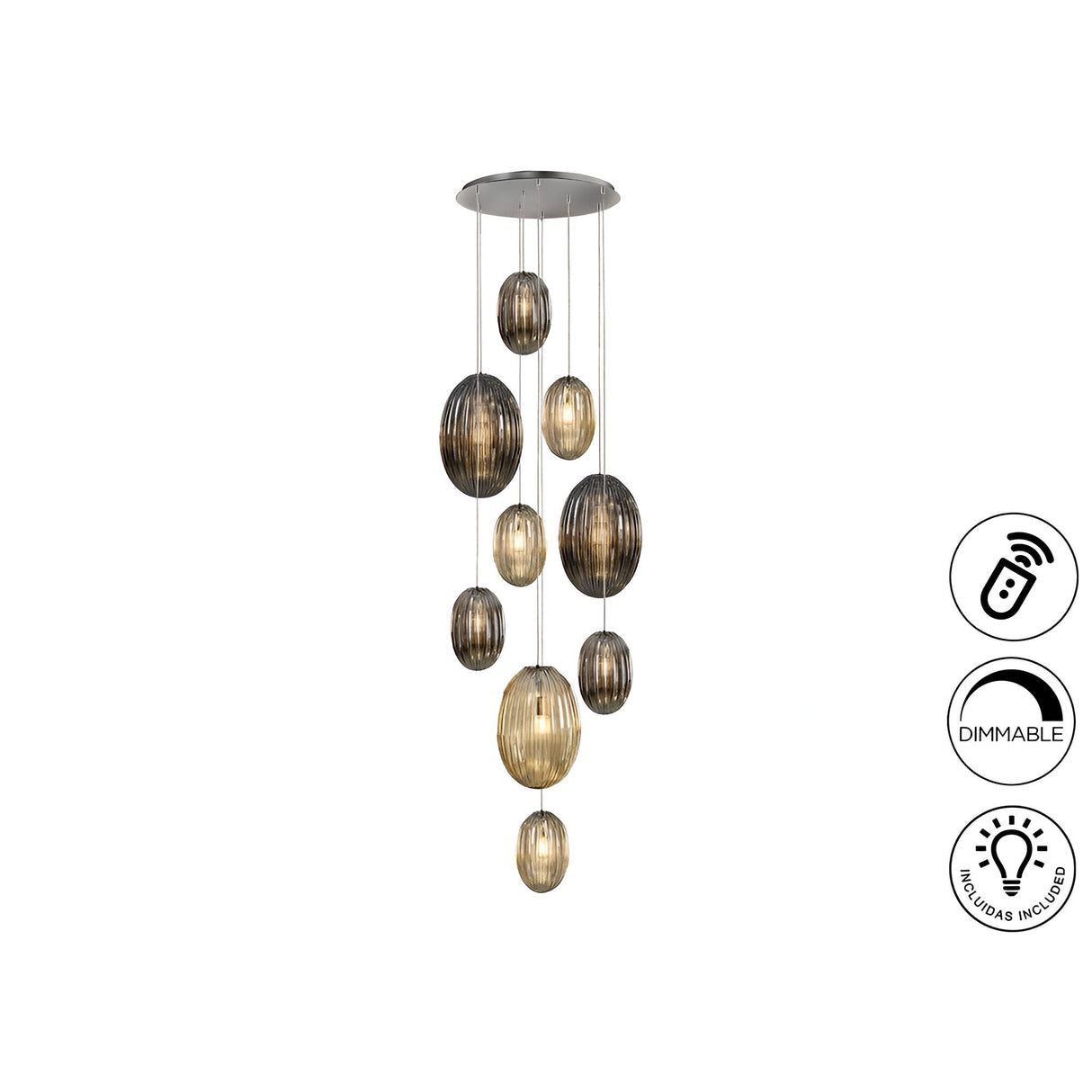 Ovila 9 Light Glass Cluster Pendant - Smoked Black/Brandy (With Remote Control)