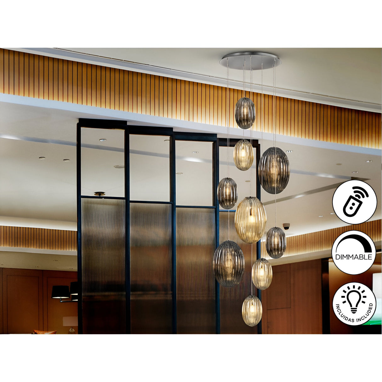Ovila 9 Light Glass Cluster Pendant - Smoked Black/Brandy (With Remote Control)
